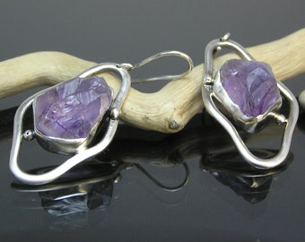 Amethyst Silver Earrings, Artisan Earring, February Birthstone, Purple Jewelry, Gift Earrings, Natural Raw Amethyst, Rough Gemstone