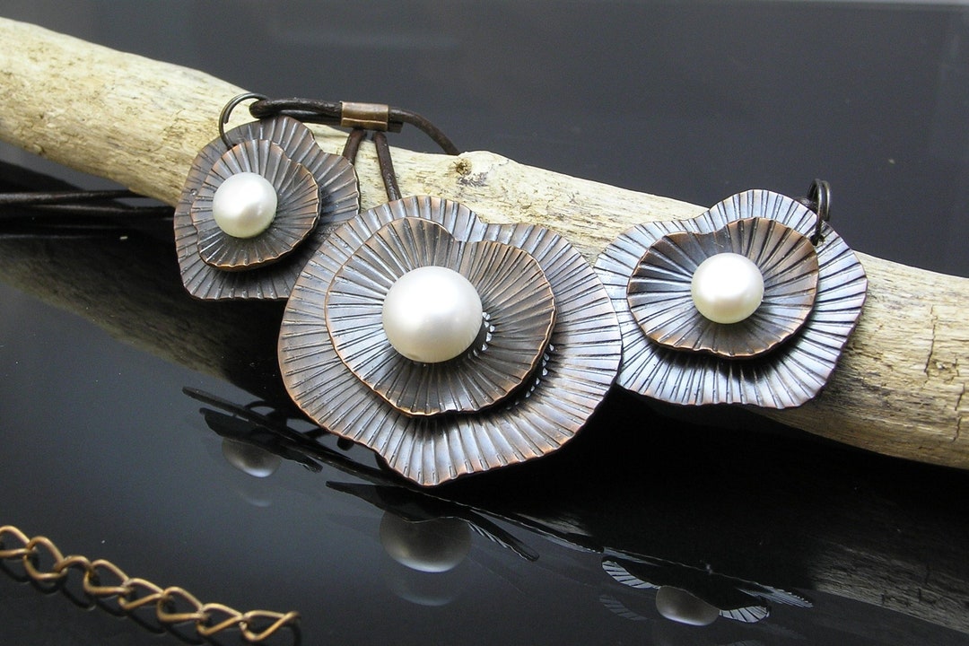 Freshwater Pearl Copper Necklace, Copper Bib Necklace, Copper Pendant