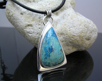 Green and Blue Chrysocolla Pendant, Chrysocolla Handcrafted Necklace, Artisan Chrysocolla Pendant, Minimalist Triangle Silver Pendant