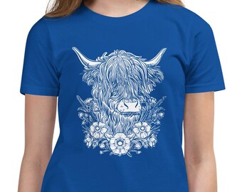 Highland Cow Youth Short Sleeve T-Shirt,  Unique Animal Design, Soft Heather Colors
