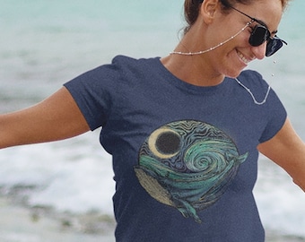 Whale And Moon Tee Shirt: Vintage Ink Drawing - Classic Fit Cotton, Seamless Collar, Nautical Ocean Theme Apparel