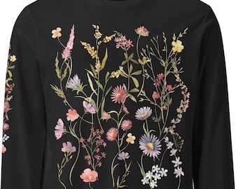 Wildflower Long Sleeve, Botanical Sleeve Print, Front Floral, Comfort Colors, Long Sleeve, Cottagecore Tee
