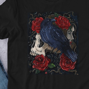 Gothic Raven Skull Rose Shirt, Dark Art T-Shirt for Women, Crow and Skull Graphic Tee, Tattoo Style Rose Shirt, Witchy Gothic for Halloween