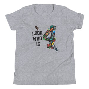 Look Who Is 4 T-Shirt, 4th Birthday Party Shirt for Kids, Unisex Short Sleeve Tee, Cute Insect Lover Gift, Bug T-Shirt