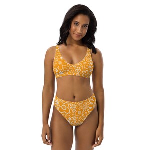 Yellow flowers, Recycled high-waisted bikini, fun in the sun botanical garden of white flowers on a bed of yellow. Show off your tan.