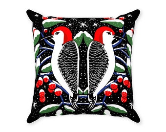 Woodpecker Folk Art Decorative Pillow Case - Art Print Throw Pillow Covers - Animal Print Pillow - Folk Cushion Traditional Decor