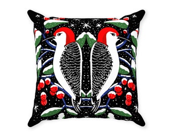 Woodpecker Folk Art Throw Pillow Cover: Traditionl folk art bird drawing