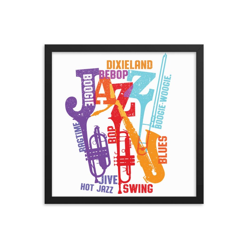 Puede incluir: Un dise&ntilde;o gr&aacute;fico colorido de la palabra "Jazz" con varios instrumentos musicales y estilos de jazz enumerados a su alrededor, incluyendo "Dixieland", "Bebop", "Boogie", "Ragtime", "Blues", "Boogie-Woogie", "Swing", "Hot Jazz", "Jive" y "Pop".