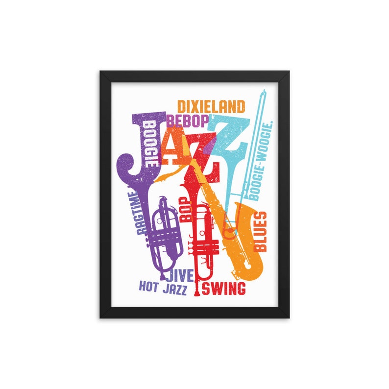 Puede incluir: Un dise&ntilde;o gr&aacute;fico colorido de la palabra "Jazz" con instrumentos musicales, incluyendo una trompeta, un tromb&oacute;n y un saxof&oacute;n. El dise&ntilde;o incluye las palabras "Dixieland", "Bebop", "Boogie", "Ragtime", "Bop", "Jive", "Hot Jazz", "Swing", "Blues" y "Boogie-Woogie".