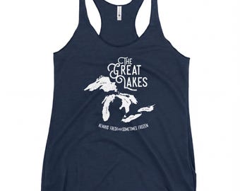 Lakes Racerback Tank: Lightweight Form-Fitting Top, Raw Edge Seams | Midwest Summer Wear, Soft Blend Fabric | Womens Sizes XS-XL