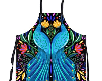 Vintage Peacock Art Apron Bird Lover Gift, Folk Art Design