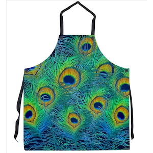 May include: A blue, green, and yellow kitchen apron with a peacock feather pattern.