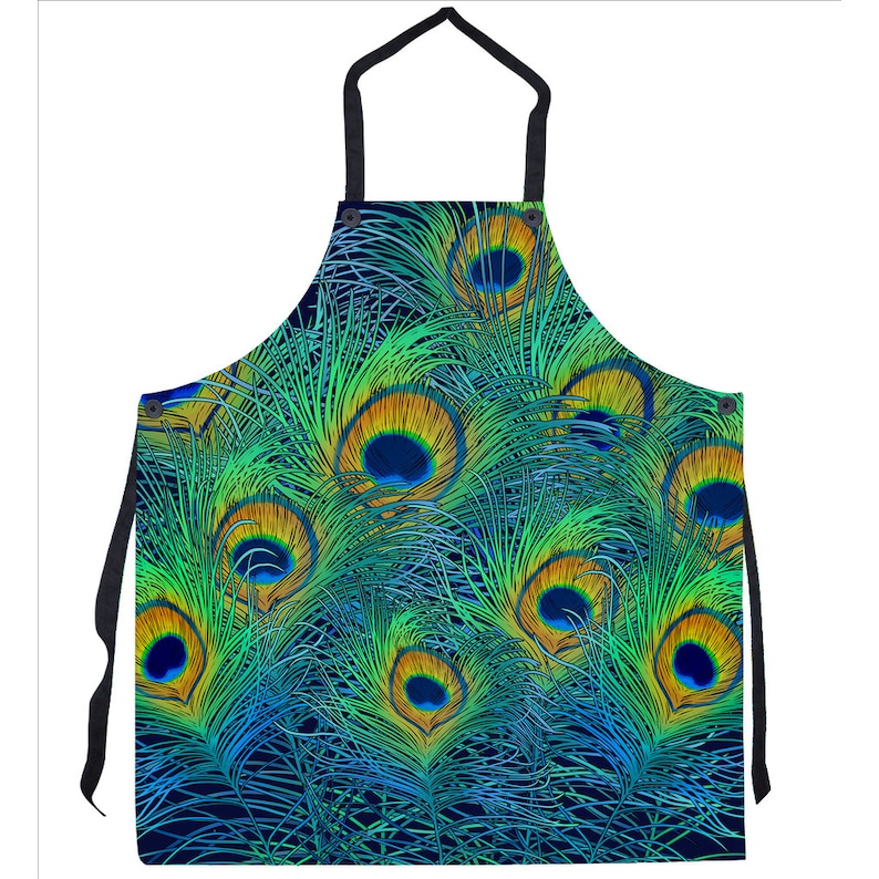 May include: A blue, green, and yellow kitchen apron with a peacock feather pattern.