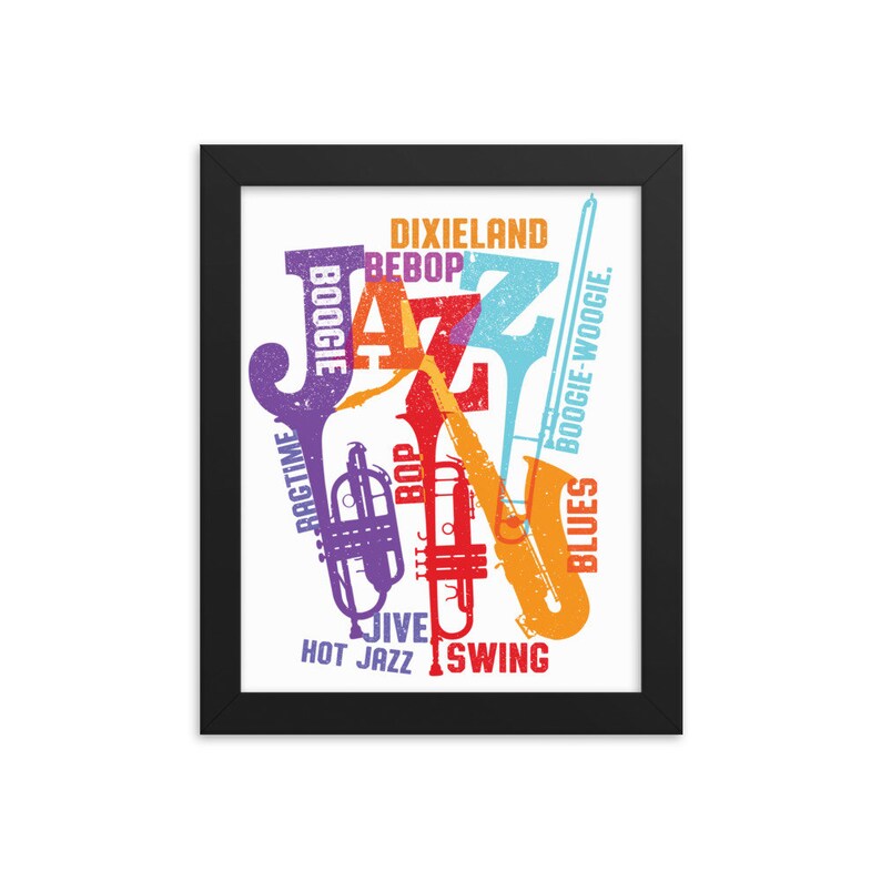 Puede incluir: Un dise&ntilde;o gr&aacute;fico colorido de la palabra "Jazz" con instrumentos musicales y diferentes estilos de jazz enumerados a su alrededor, incluyendo Dixieland, Bebop, Boogie, Ragtime, Bop, Blues, Boogie-Woogie, Jive, Hot Jazz y Swing.