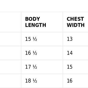 May include: Size guide for clothing with measurements in inches for body length, chest width, and sleeve length. Sizes range from 2 to 5/6 inches.