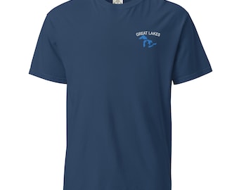 Great Lakes Embroidery, Unisex garment-dyed heavyweight t-shirt, Lake Huron, Michigan, Superior, Ontario and Erie