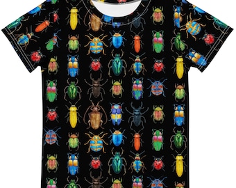 Camiseta infantil con estampado de escarabajos coloridos: temática divertida de insectos, mezcla de poliéster suave (unisex, lavable a máquina)
