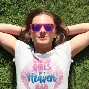 Good girls go to Heaven, bad girls go everywhere, Ladies&#39; short sleeve t-shirt, angel wings, funny womens top
