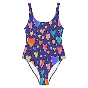 Love in the sun! One-Piece Swimsuit, covered in painterly hearts, bright colorful beach wear, custom pattern available in multiple colorways