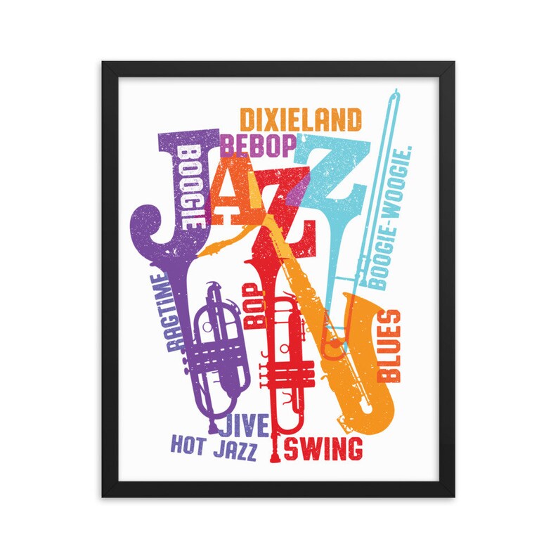 Puede incluir: Un dise&ntilde;o gr&aacute;fico colorido con la palabra "Jazz" con varios instrumentos musicales y estilos de jazz, incluyendo Dixieland, Bebop, Boogie, Ragtime, Blues y Swing.