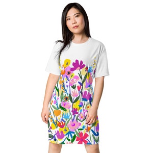 Floral swim cover-up, T-shirt dress, Matching summer cover-up, summer floral t-shirt dress. Cute bright colors for summer floral print.