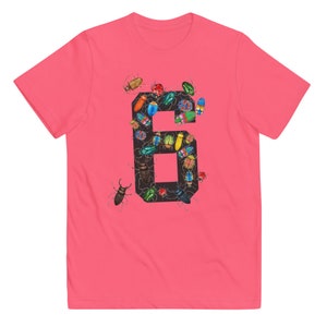 K&ouml;nnte beinhalten: Pinkes T-Shirt mit einer schwarzen Zahl Sechs. Die Zahl ist mit bunten Insektenillustrationen gef&uuml;llt.