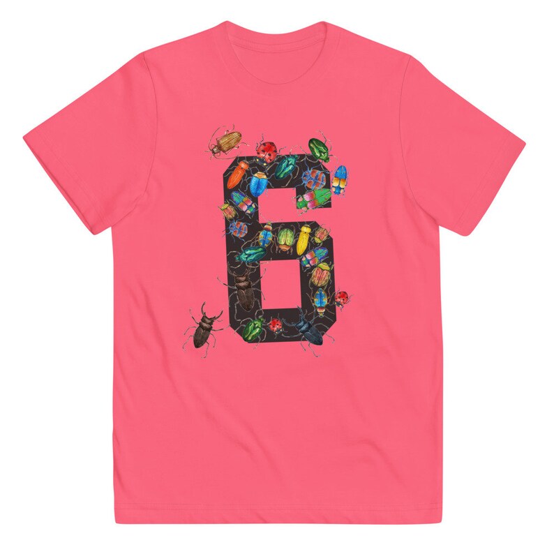K&ouml;nnte beinhalten: Pinkes T-Shirt mit einer schwarzen Zahl Sechs. Die Zahl ist mit bunten Insektenillustrationen gef&uuml;llt.