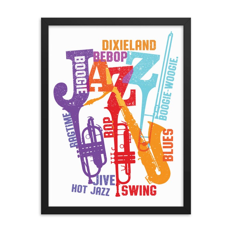 Puede incluir: Un dise&ntilde;o gr&aacute;fico colorido de la palabra "JAZZ" con instrumentos musicales y varios estilos de jazz enumerados alrededor de la palabra, incluyendo "Dixieland", "Bebop", "Boogie", "Ragtime", "Blues", "Boogie-Woogie", "Swing", "Hot Jazz", "Jive" y "Bop".
