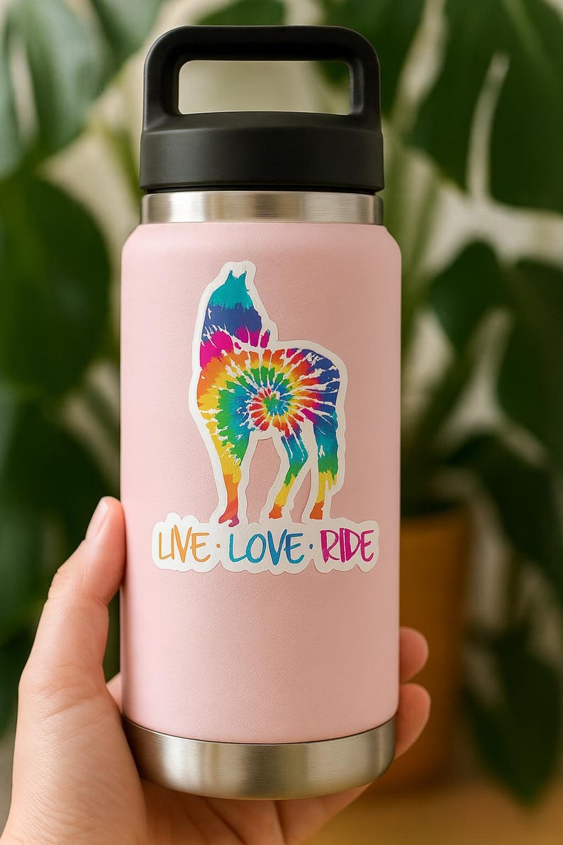 Adhesivo de vinilo duradero con diseño ecuestre tie-dye de caballo (sin burbujas, película de alta opacidad, para uso en interiores). imagen 5