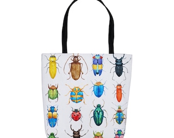 Watercolor Beetle Print Tote Bag, Bug Lover Gift, Insects and Bugs, Grocery Bag