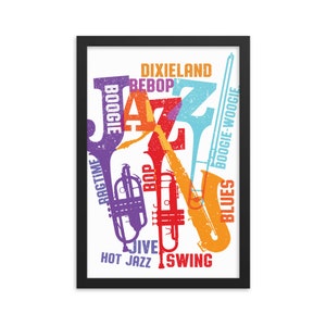 Puede incluir: Un dise&ntilde;o gr&aacute;fico colorido con la palabra "Jazz" y varios estilos musicales enumerados a su alrededor, incluyendo Dixieland, Bebop, Boogie, Ragtime, Bop, Jive, Hot Jazz, Swing y Blues Boogie-Woogie. El dise&ntilde;o est&aacute; formado por siluetas de instrumentos musicales, incluyendo una trompeta, un tromb&oacute;n y un saxof&oacute;n.