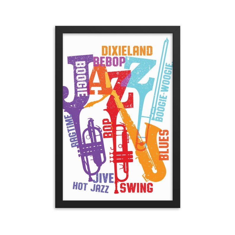 Puede incluir: Un dise&ntilde;o gr&aacute;fico colorido con la palabra "Jazz" y varios estilos musicales enumerados a su alrededor, incluyendo Dixieland, Bebop, Boogie, Ragtime, Bop, Jive, Hot Jazz, Swing y Blues Boogie-Woogie. El dise&ntilde;o est&aacute; formado por siluetas de instrumentos musicales, incluyendo una trompeta, un tromb&oacute;n y un saxof&oacute;n.
