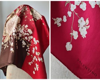 Vintage Valentino floral bouquet Burgundy scarf silk