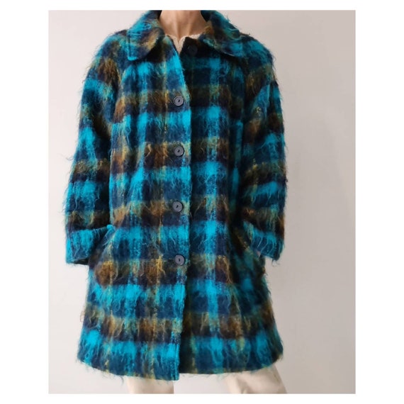 Vintage mohair fluffy tartan blocked coat m