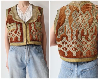 L Vintage antique velvet gold embroidered afghan vest