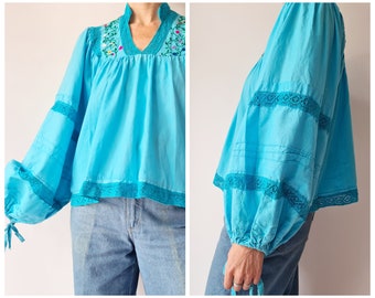 M Vintage cotton lace Mexican embroidered balloon sleeve blouse