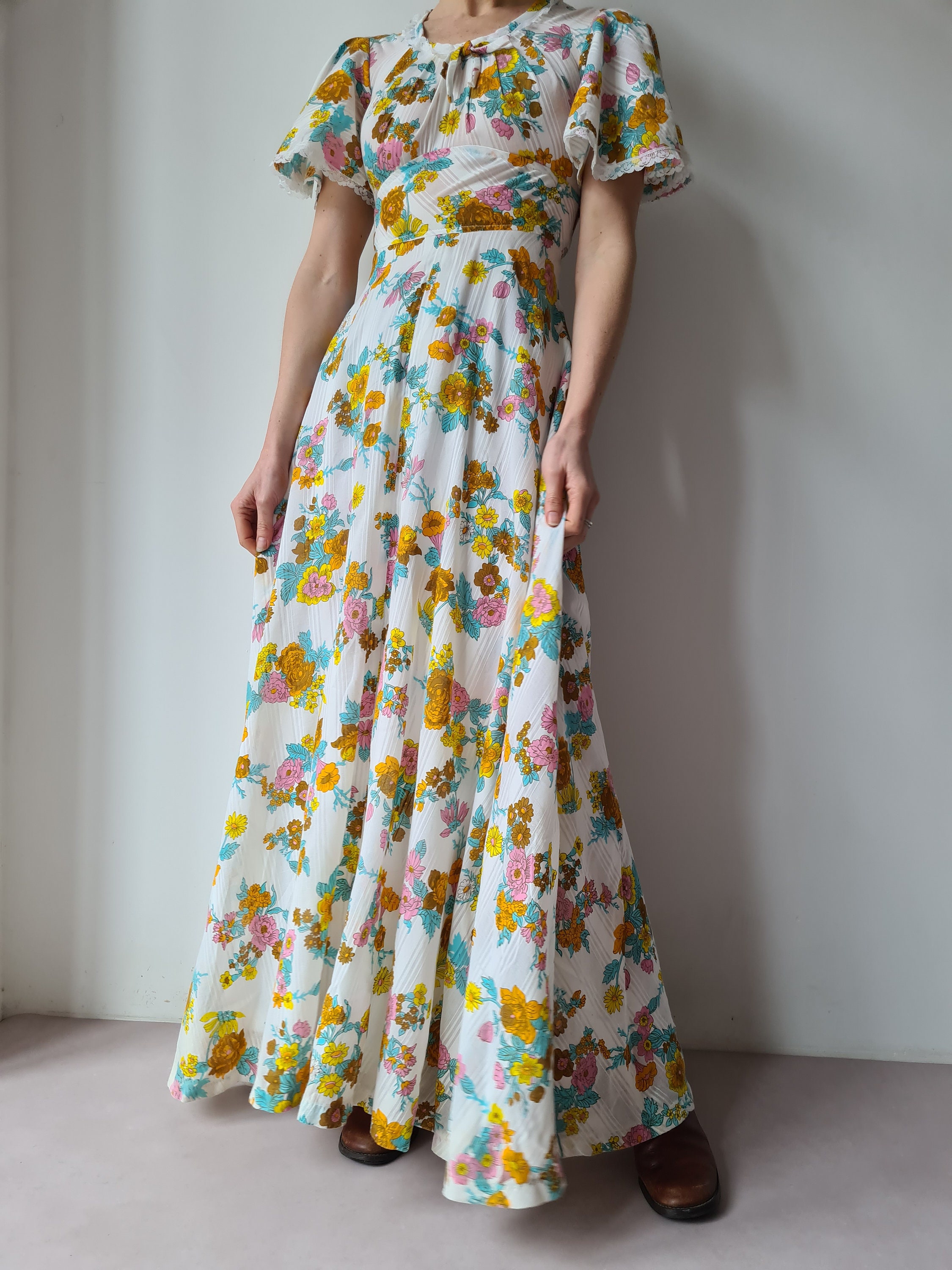 Vintage Seventies Floral Prairie Romantic Cotton Mix Maxi Dress Xs