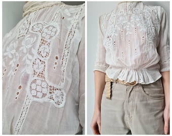 S Antique Edwardian Tea cotton lace blouse