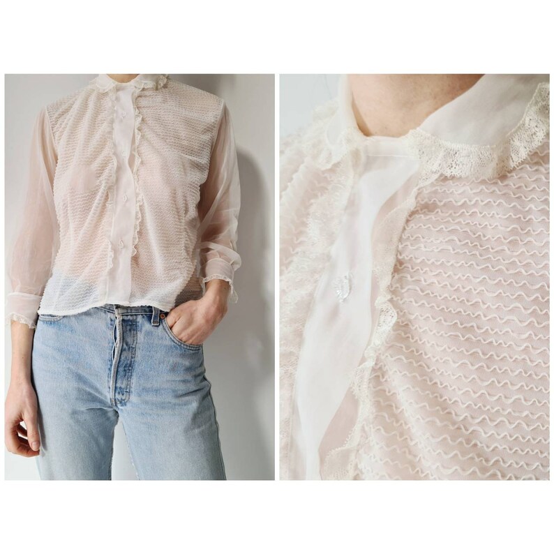 Vintage 50-ies sheer ruffle romantic blouse S