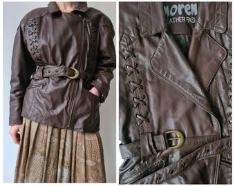 M Vintage Leather Brown Biker Belted Lace Detail Jacket - Etsy Canada