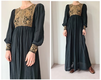 S Vintage black seventies cotton gold embroidered afghan dress