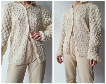 Vintage lana handknit palomitas de maíz cardigan crema M