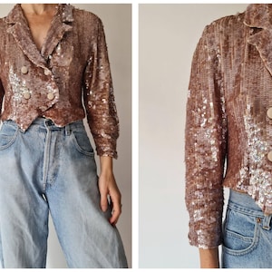 S Seide Vintage Perlen Pastell Pailletten Bolero Jacke