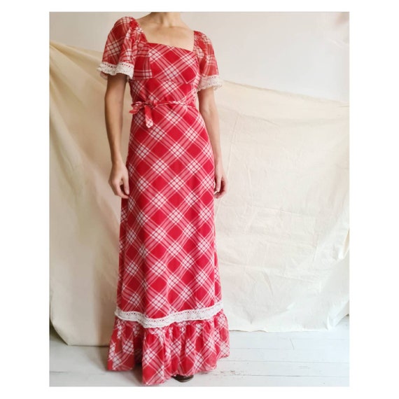 Vintage tartan blocked prairie peasant maxi dress