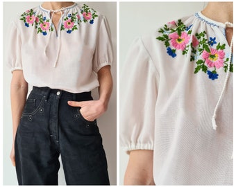 S Vintage floral embroidery cotton mix folklore blouse
