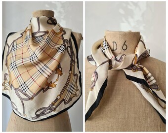 Petit Foulard Carré de soie Gavroche Vintage Armani Foulard beige Femme