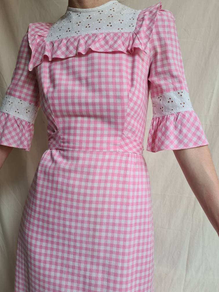 Vintage Pink White Vichy Gingham Maxi Peasant Prairie Dress Xs S Vintage Pink White Vichy Gingham Maxi Peasant Prairie Dress Xs S