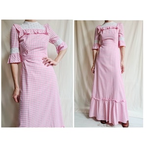Vintage pink white vichy gingham maxi peasant prairie dress Xs s