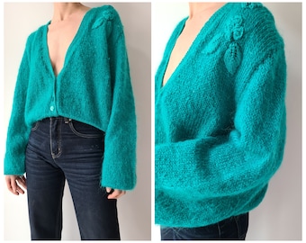 Vintage mohair blauwgroen pluizig gebreid vest borduursel M