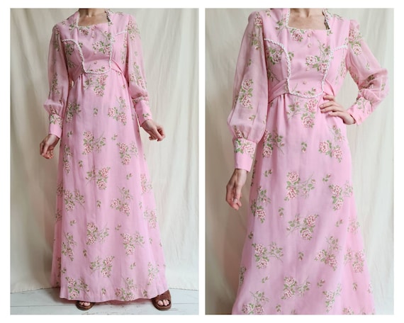 Vintage Pink Romantic Floral Print Maxi Prairie Style Dress 70ies 